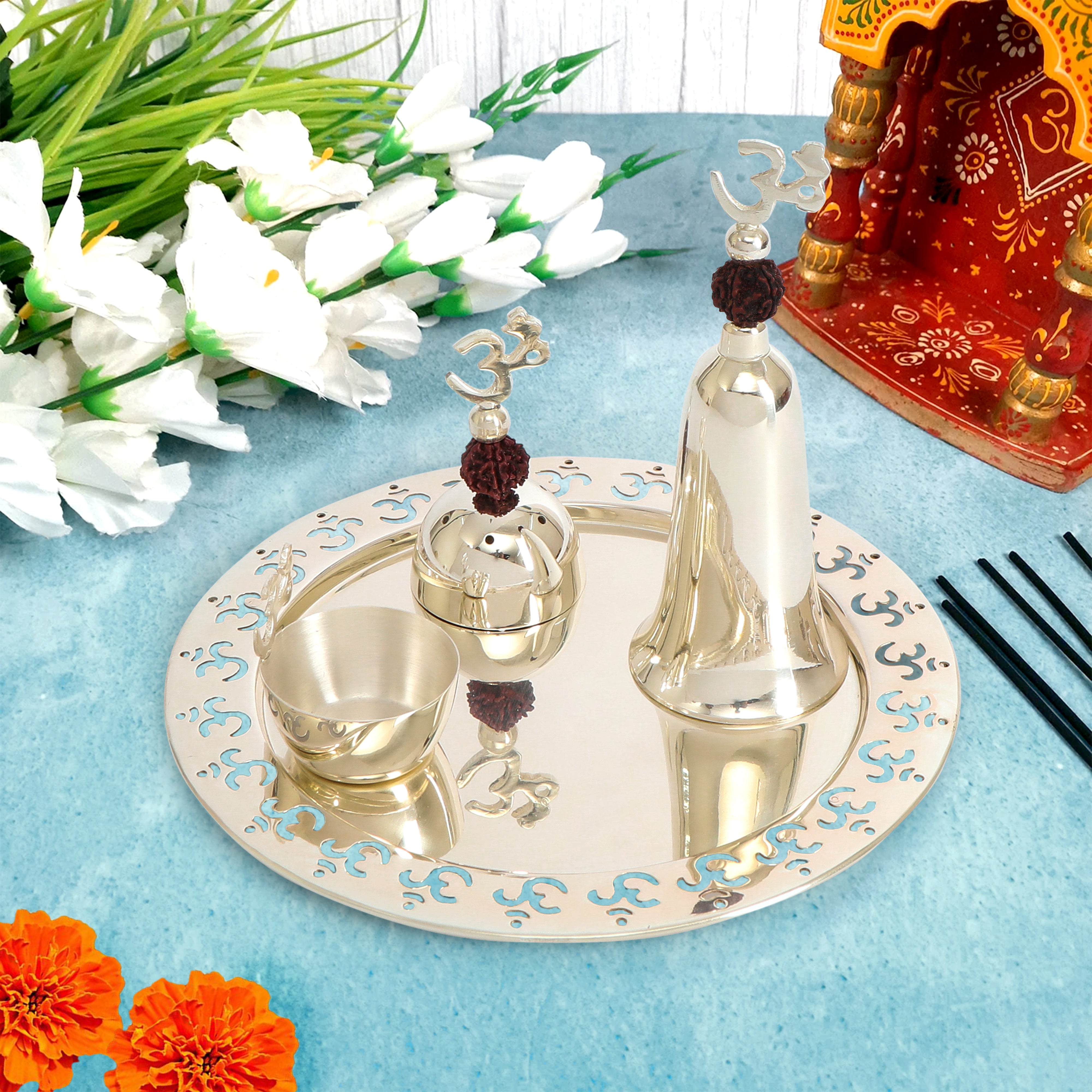 Brass Silver Plated Om Pooja Thali Set