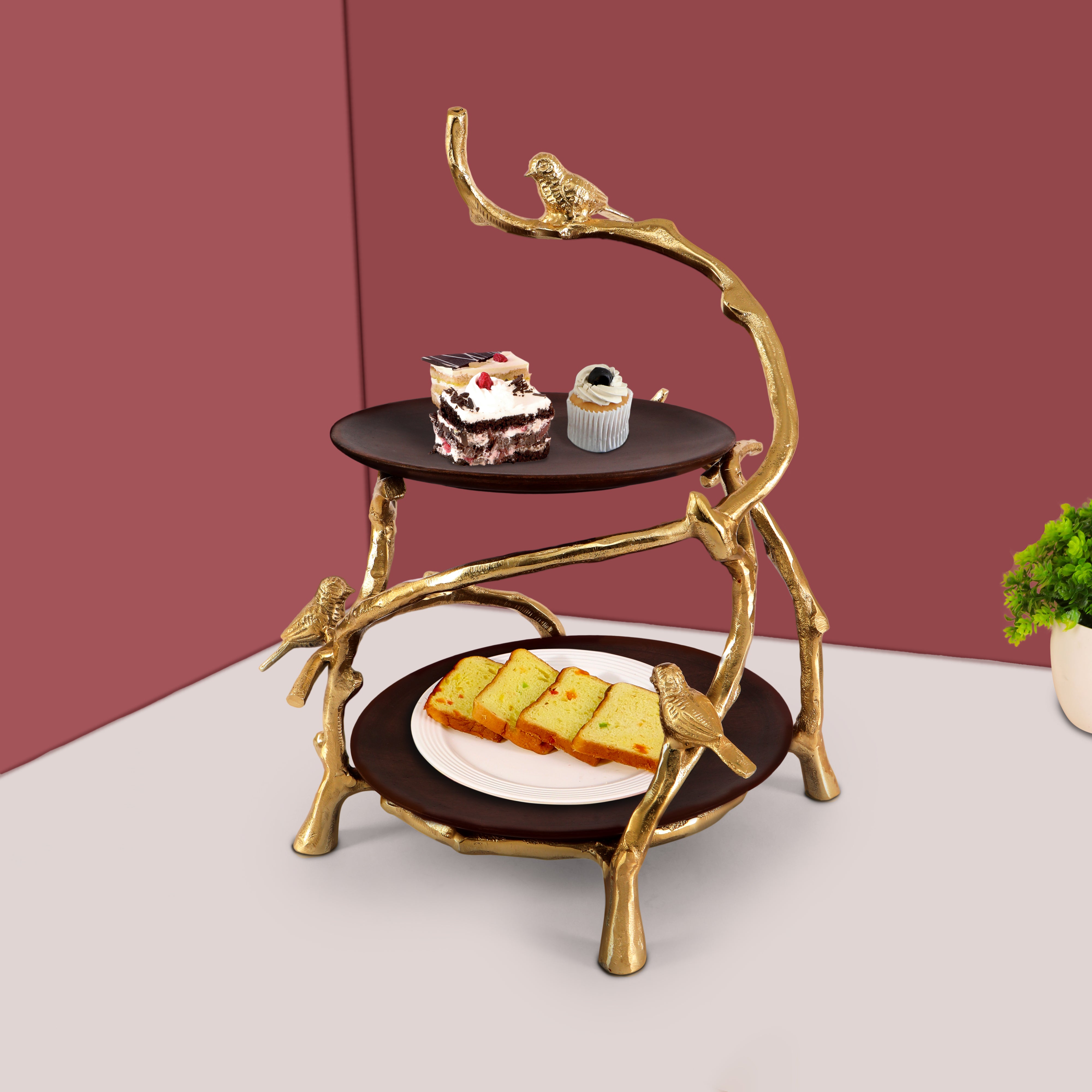 Aluminium & Wooden Bird 2 Tier Platter