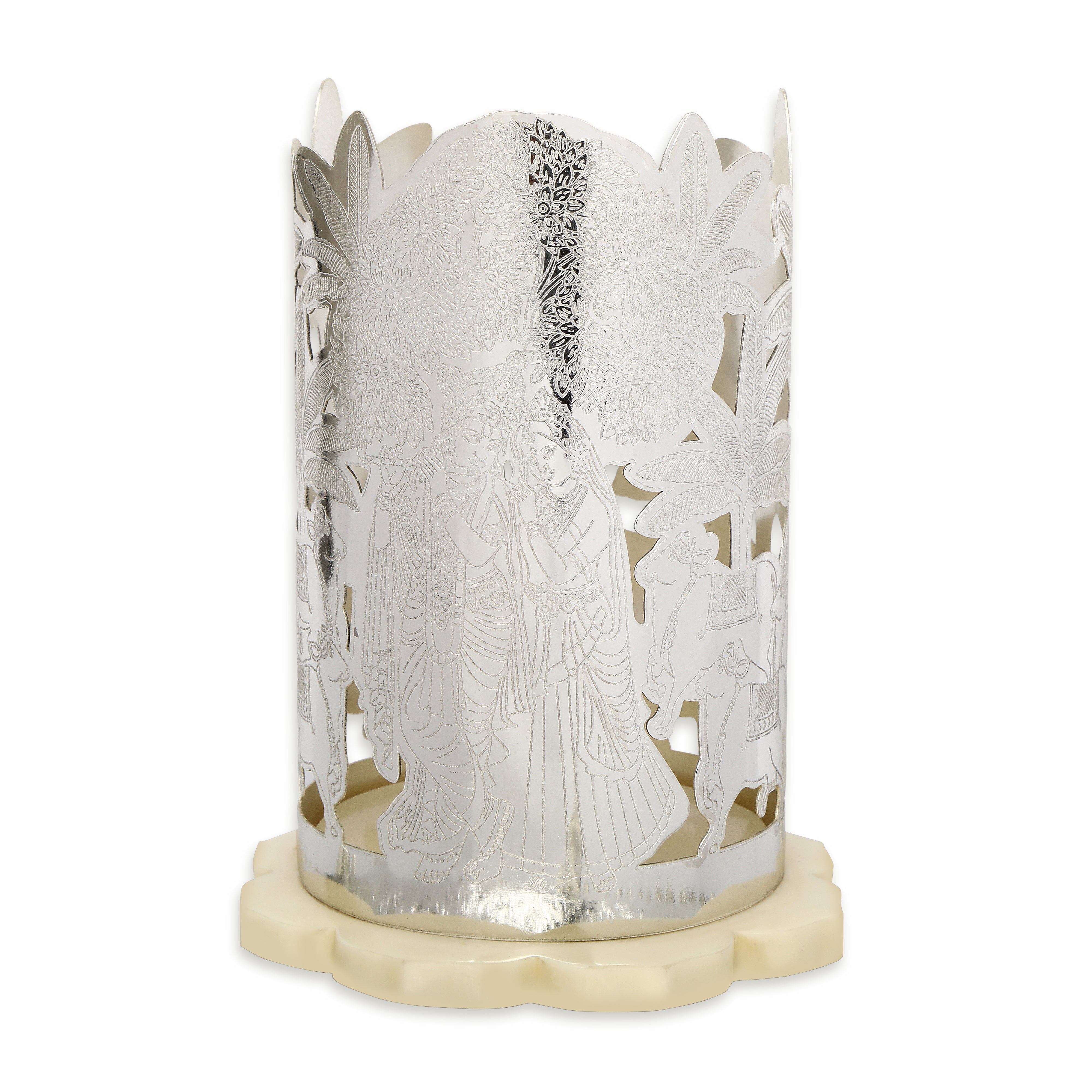 Brass Silver Plated Radhe Krishna Cut with Resin Lotus Shape Base Candle Holder