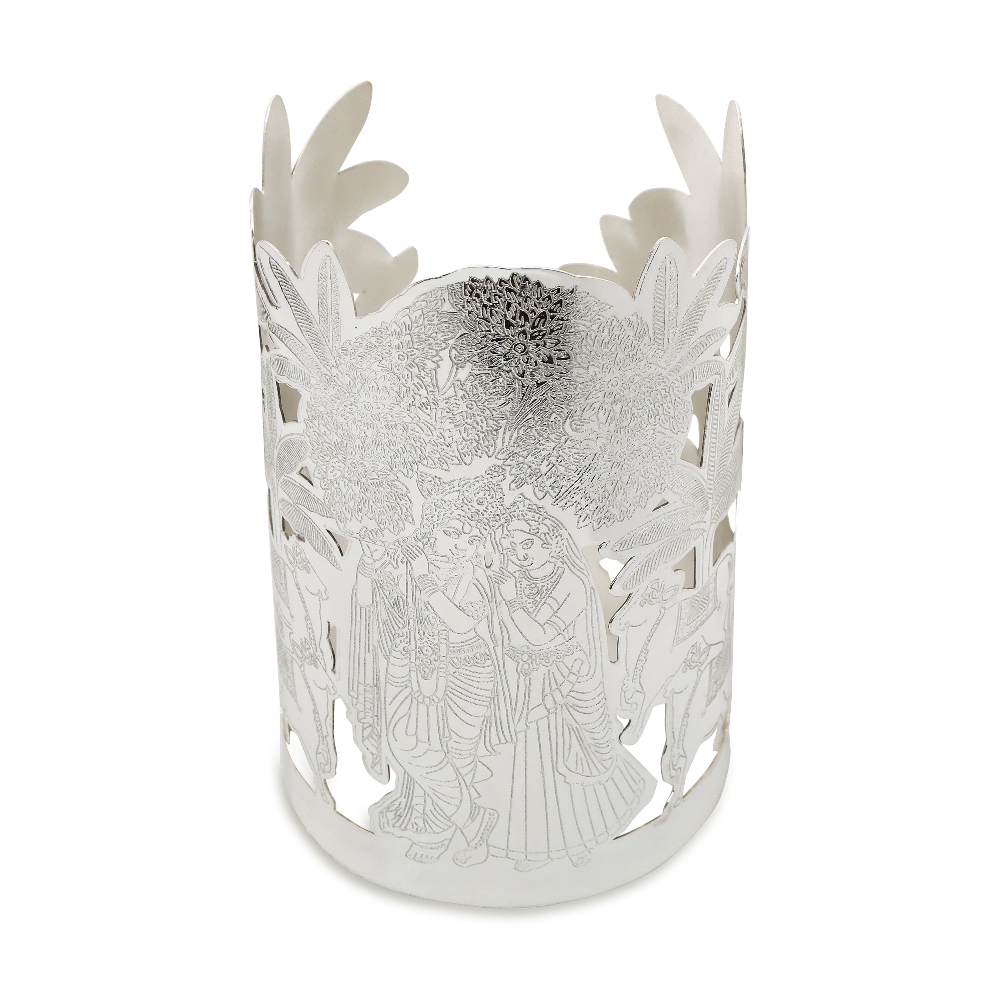 Brass Silver Plated Radhe Krishna Cut with Resin Lotus Shape Base Candle Holder