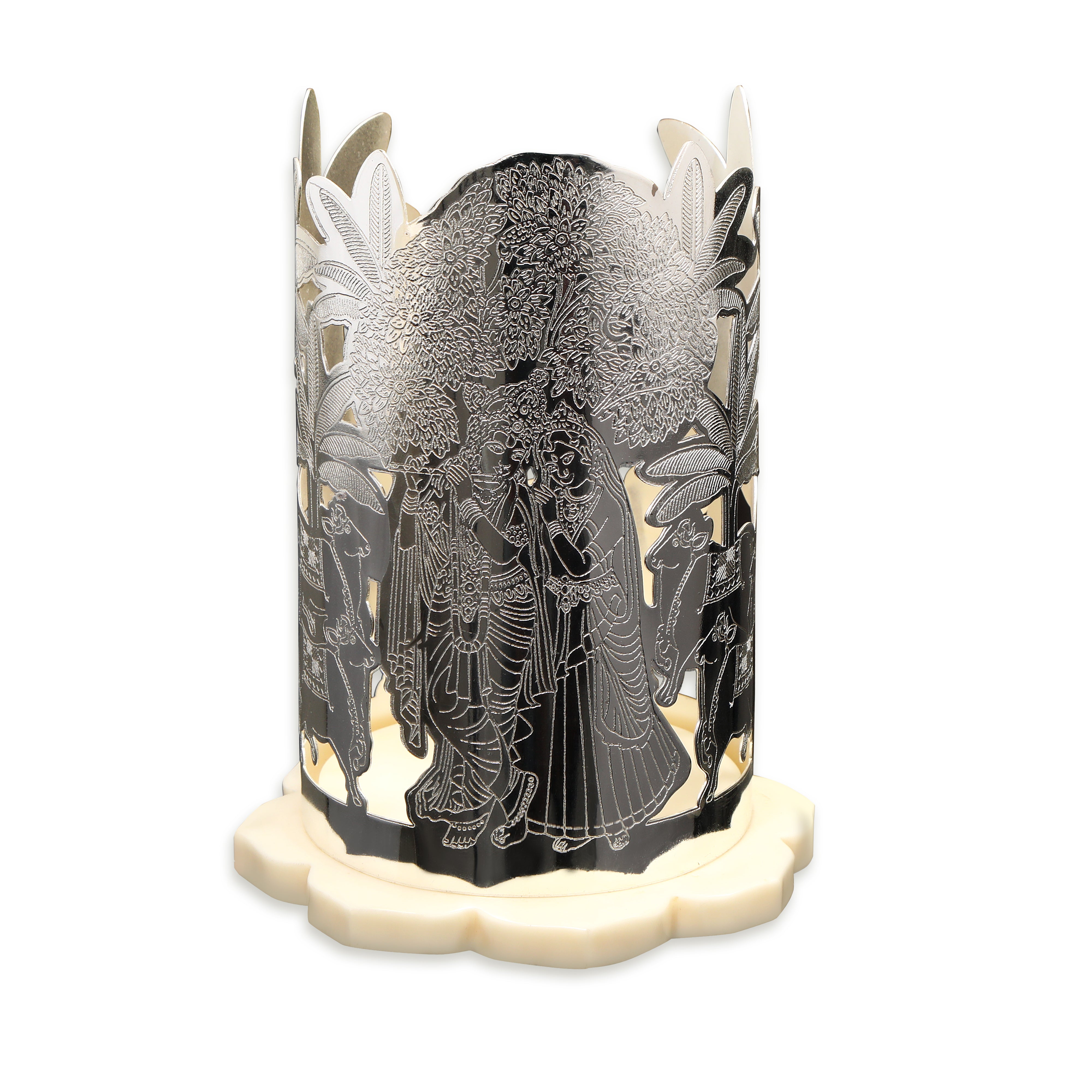 Brass Silver Plated Radhe Krishna Cut with Resin Lotus Shape Base Candle Holder