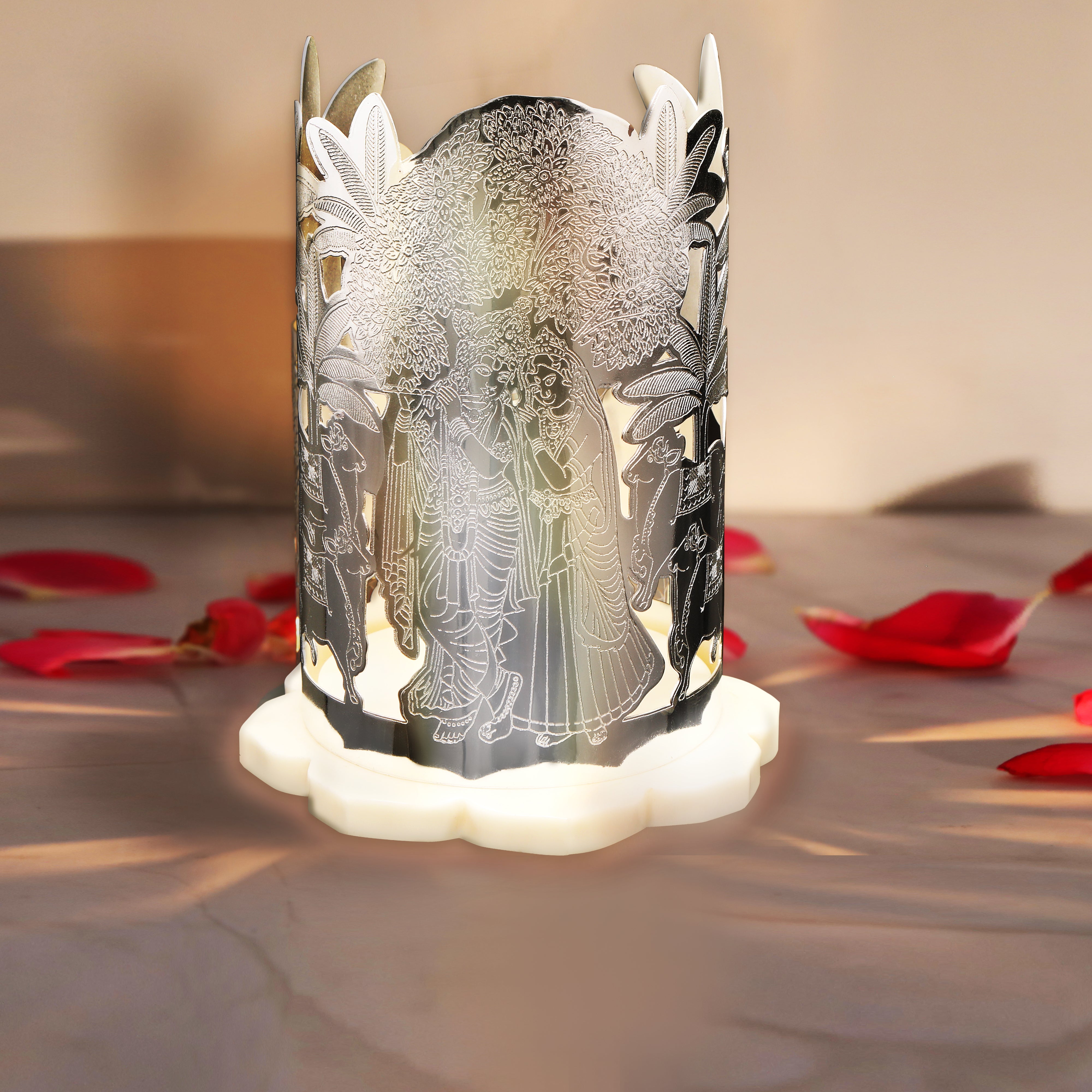 Brass Silver Plated Radhe Krishna Cut with Resin Lotus Shape Base Candle Holder