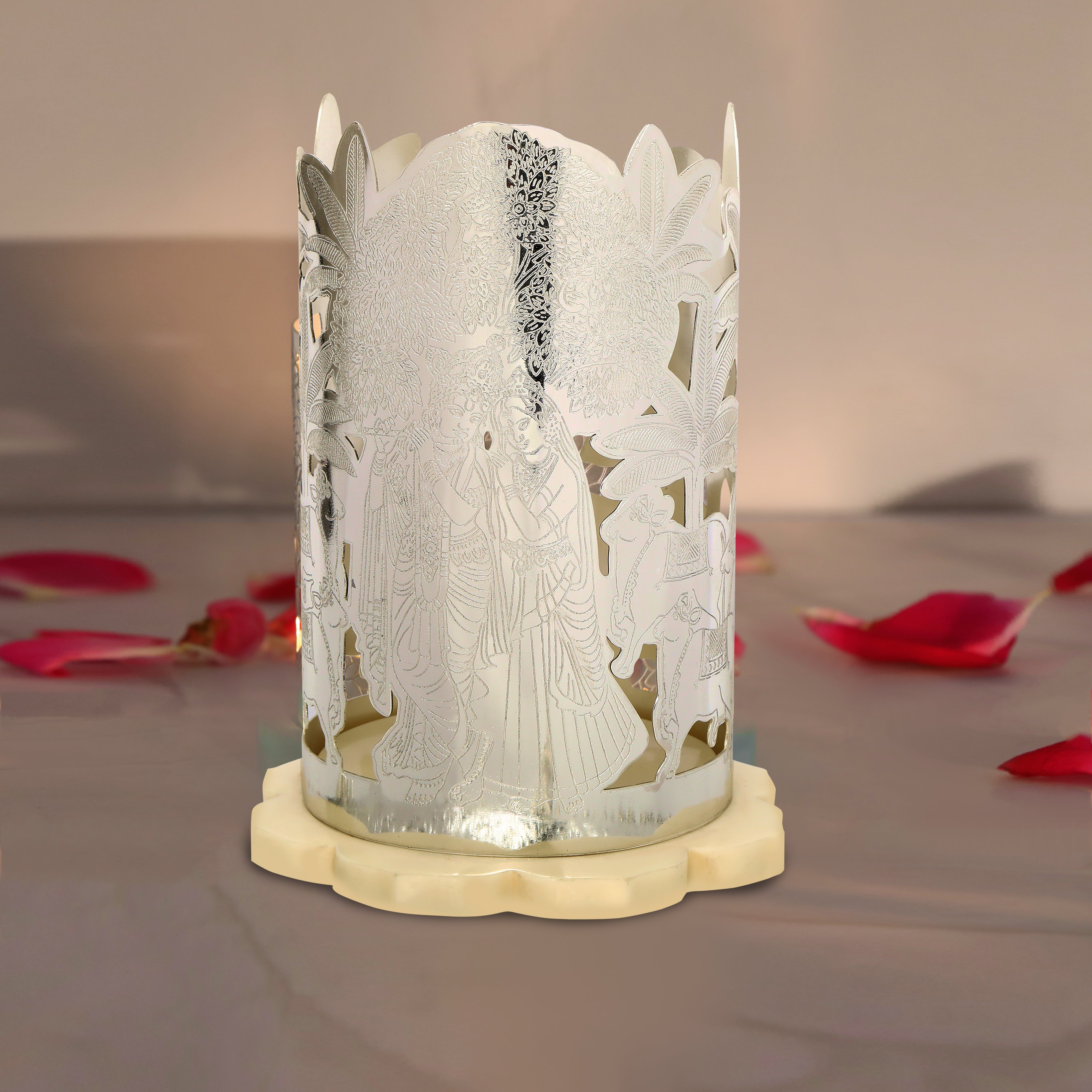 Brass Silver Plated Radhe Krishna Cut with Resin Lotus Shape Base Candle Holder