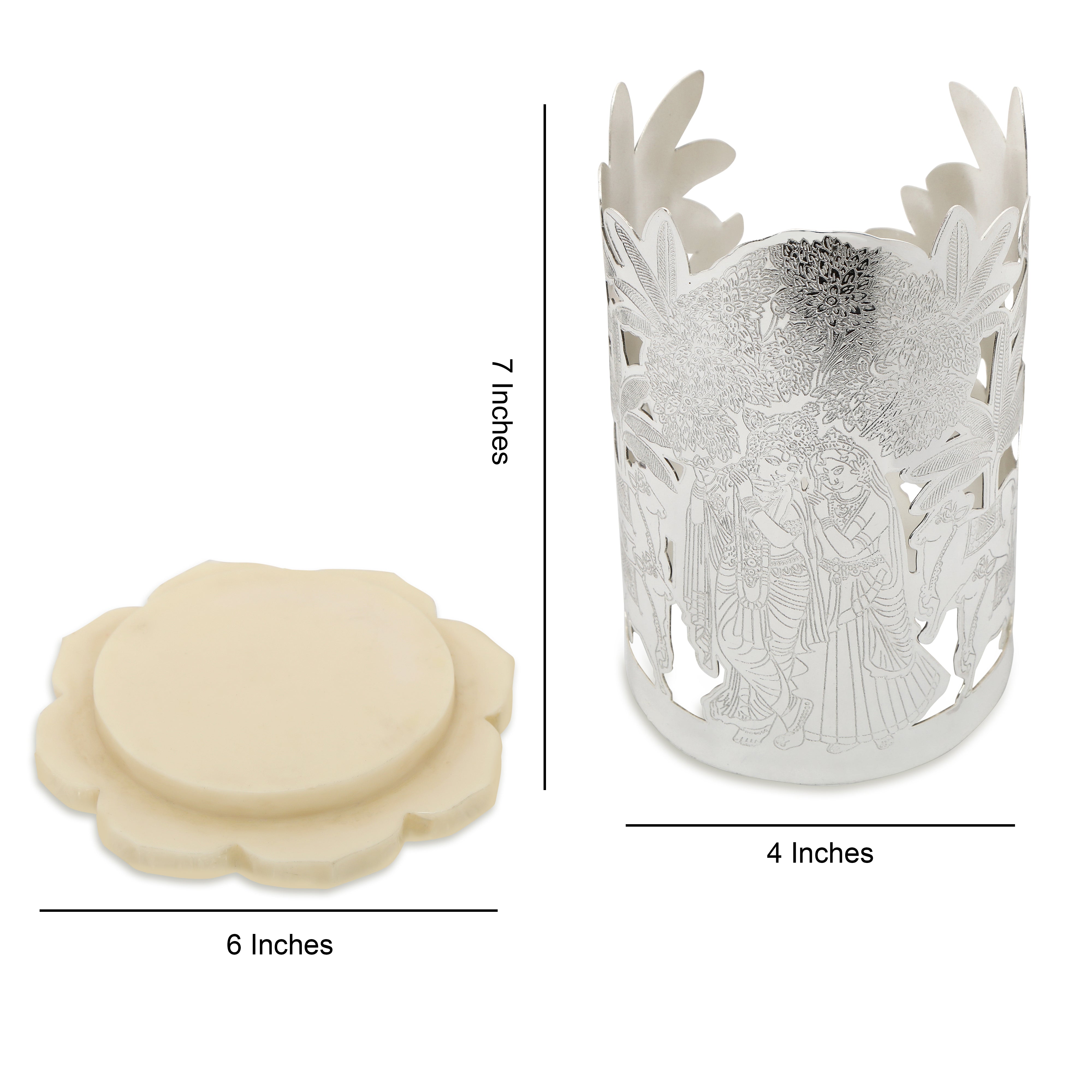 Brass Silver Plated Radhe Krishna Cut with Resin Lotus Shape Base Candle Holder