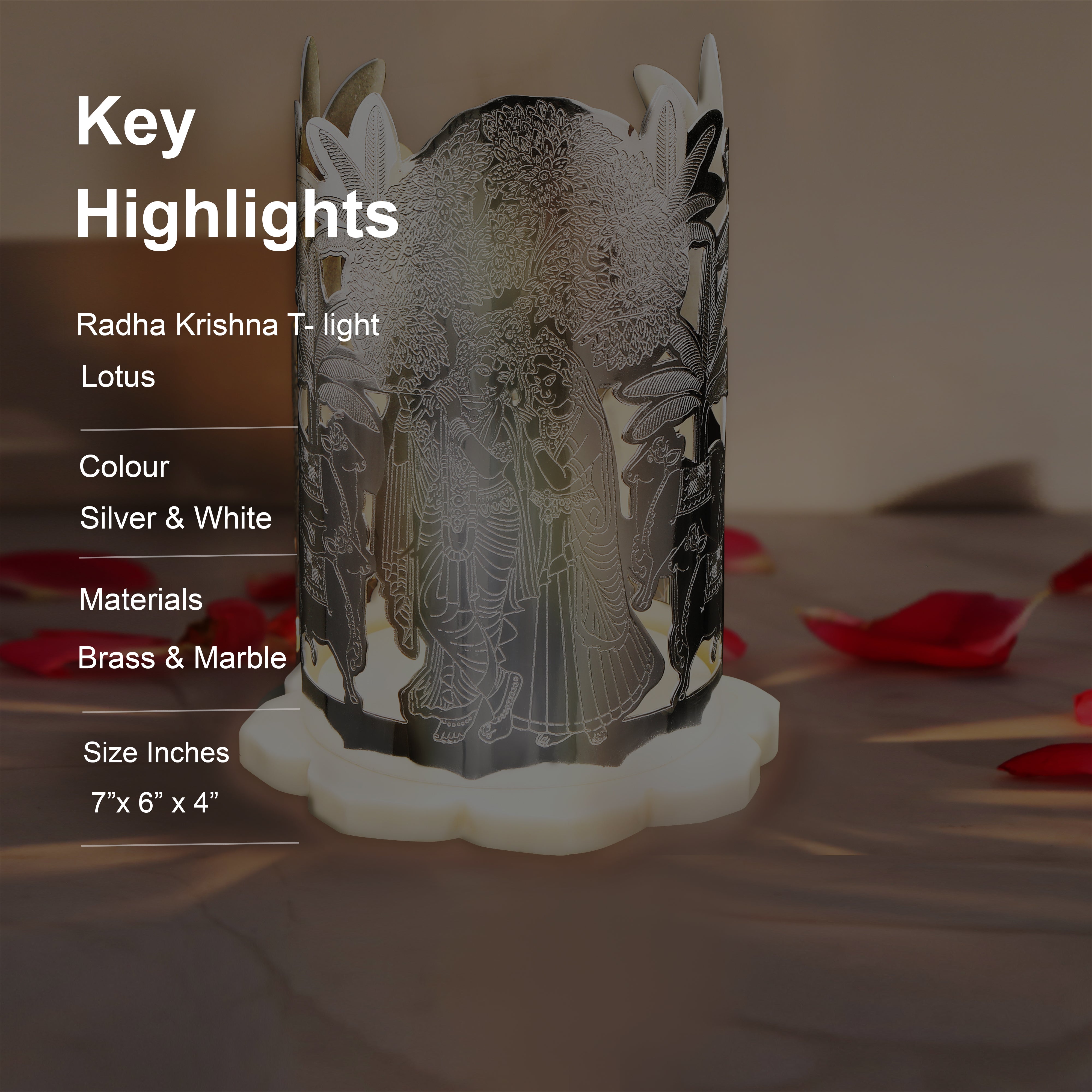 Brass Silver Plated Radhe Krishna Cut with Resin Lotus Shape Base Candle Holder