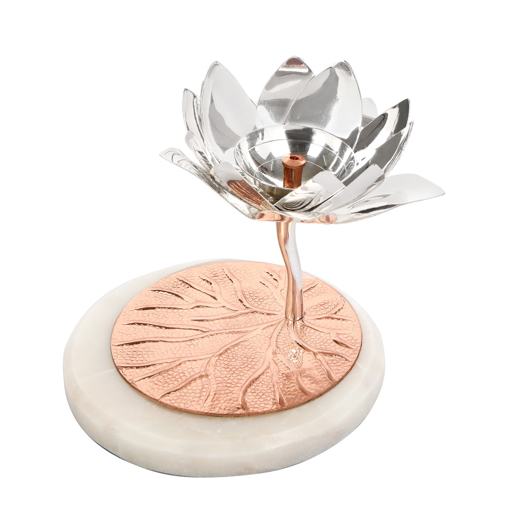 Brass Silver Plated Lotus Diya With Marble Base