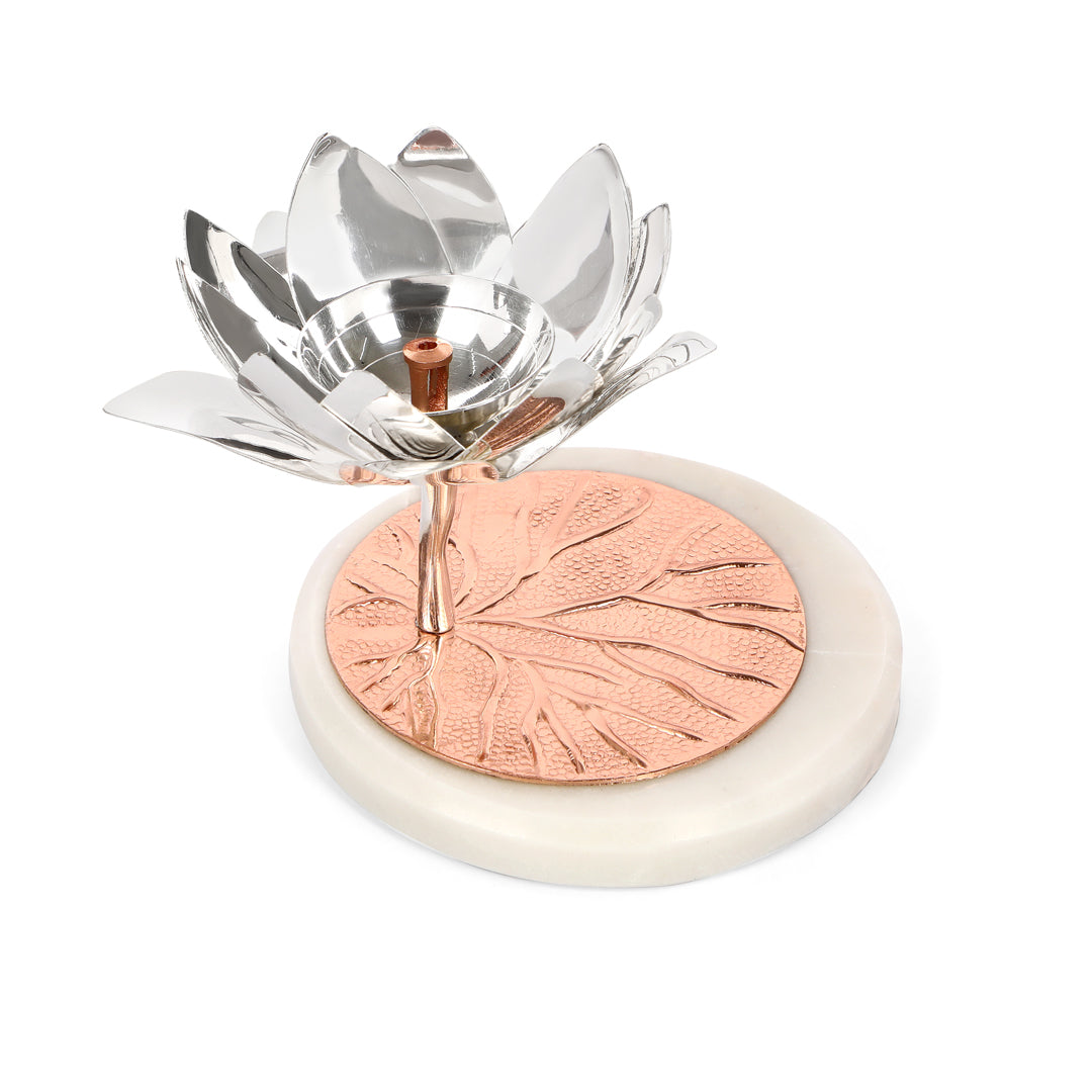 Brass Silver Plated Lotus Diya With Marble Base
