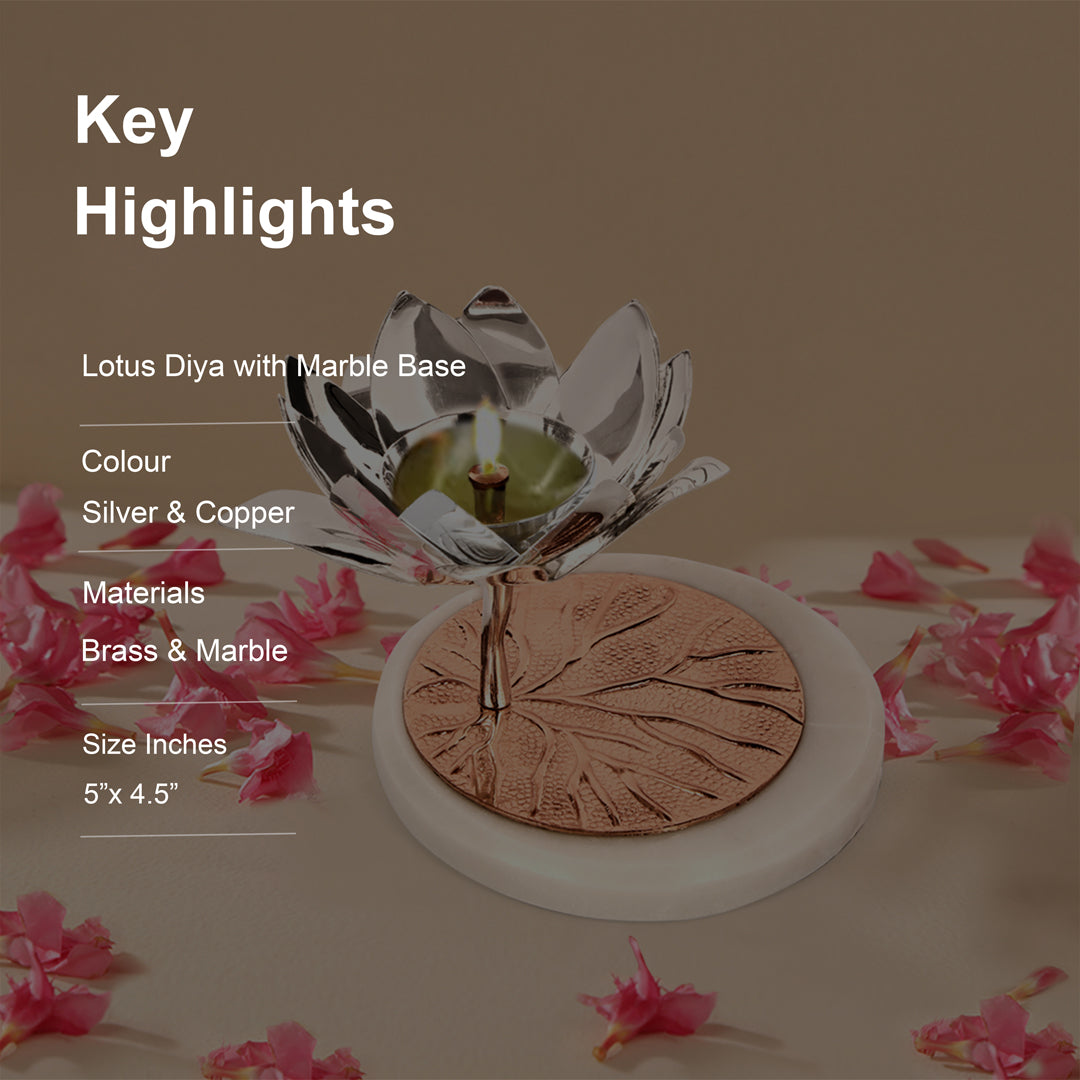 Brass Silver Plated Lotus Diya With Marble Base