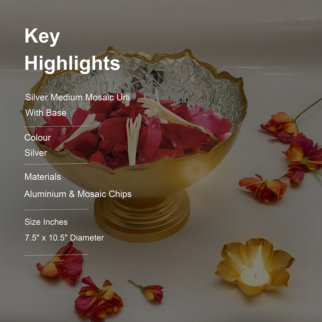 Silver Mosaic Metal Urli With Base 10" - Medium