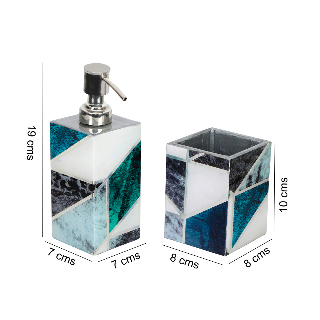 New Mosaic Abstract Print Enameled Wooden Bath Set of Dispenser & Tumbler Set of 2