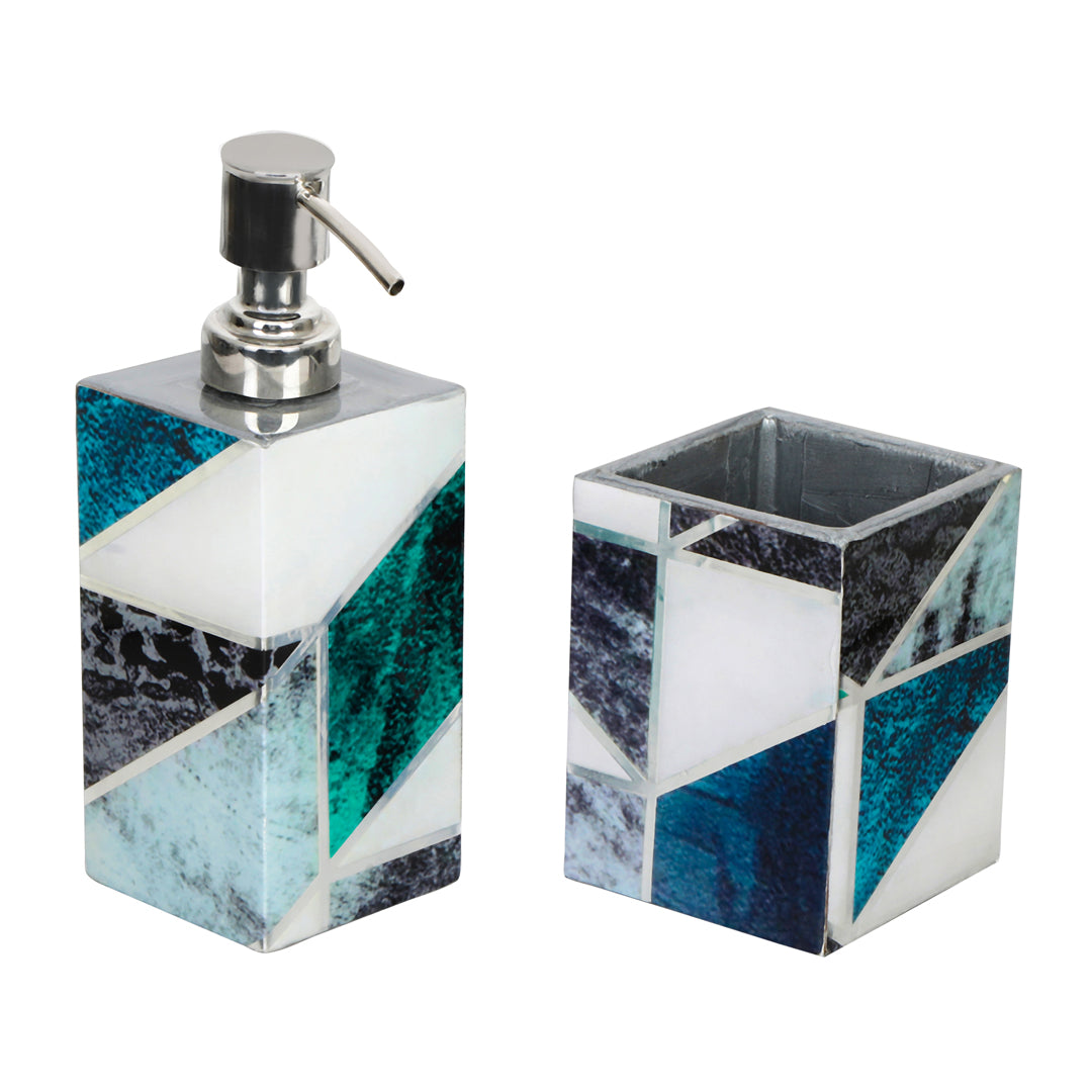 New Mosaic Abstract Print Enameled Wooden Bath Set of Dispenser & Tumbler Set of 2
