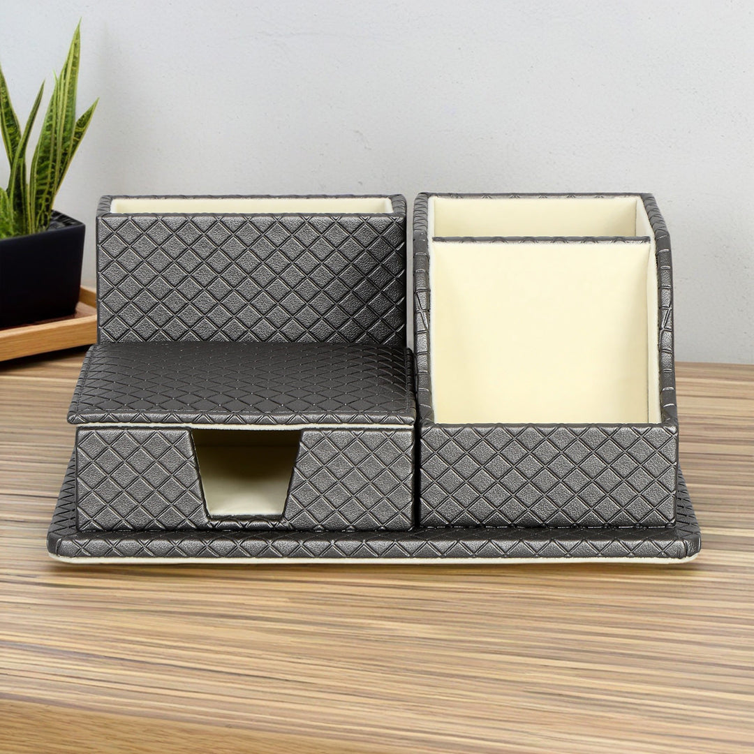 Grey Leatherette Multipurpose Desk Organizer