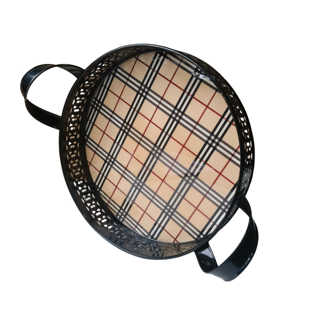 Checks Print Metal Tray With Handle Large