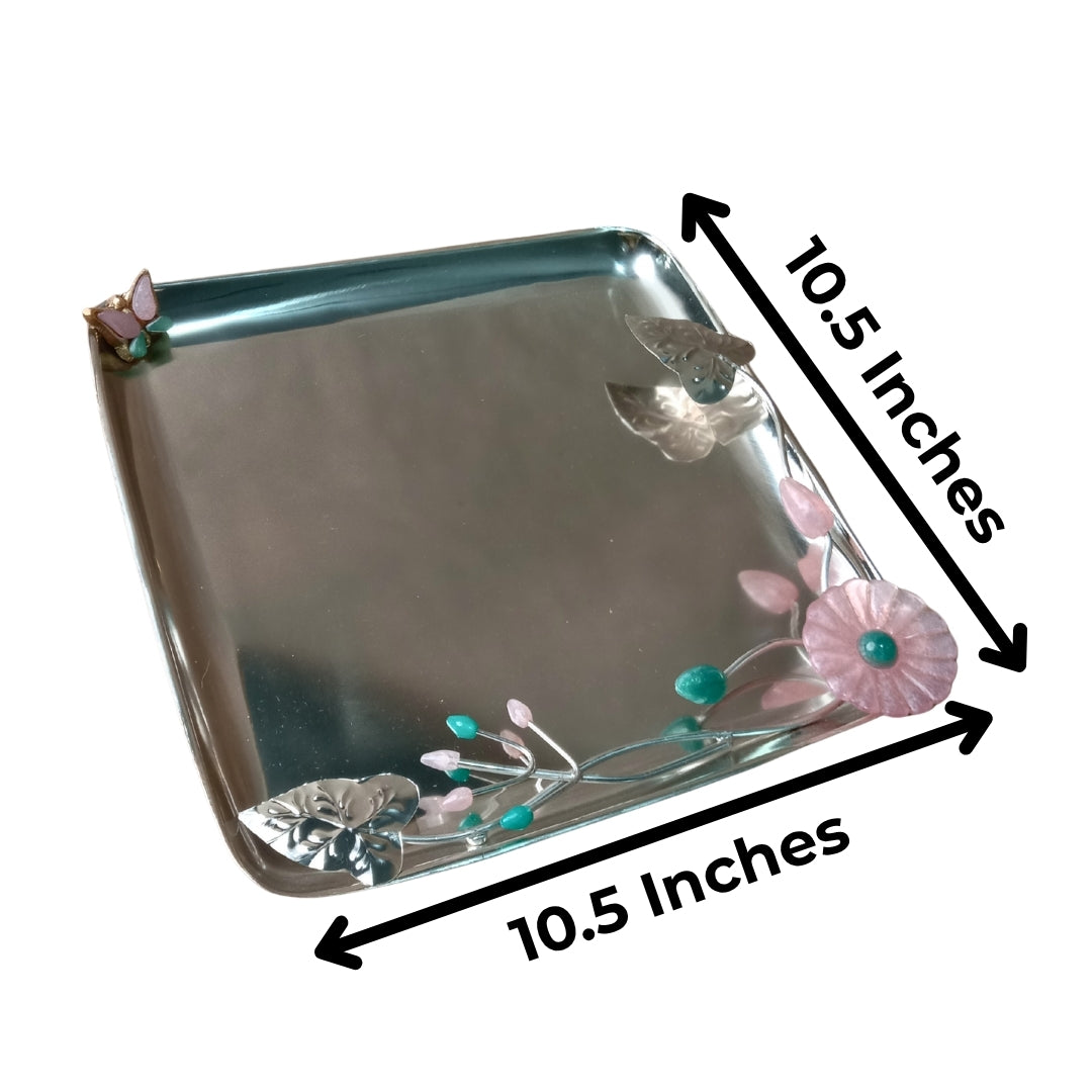 Silver-Plated Square Platter with Floral and Butterfly Embellishments