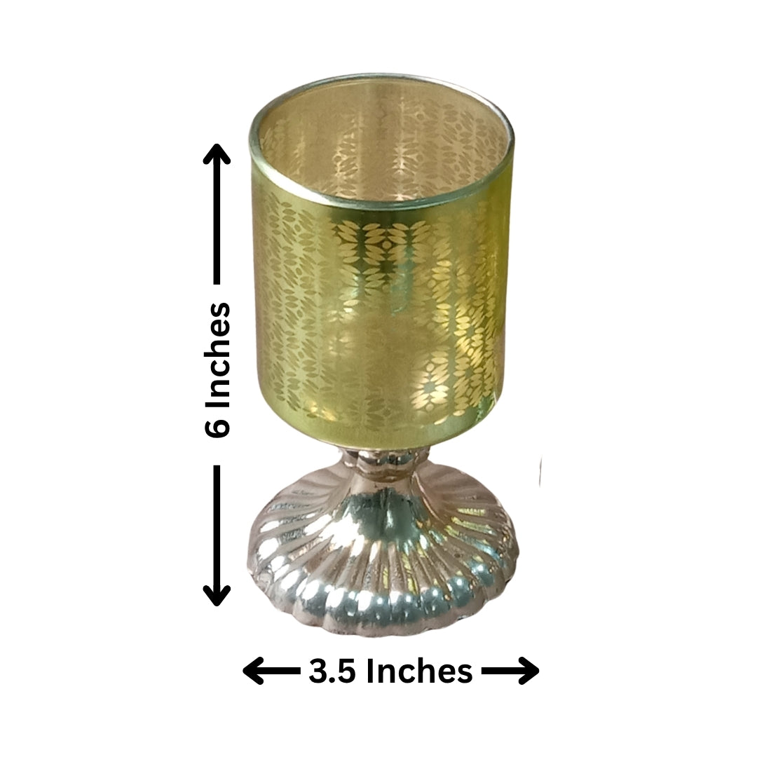 Set of 2 Green Leaf-Etched Glass Pedestal Tea Light Holders