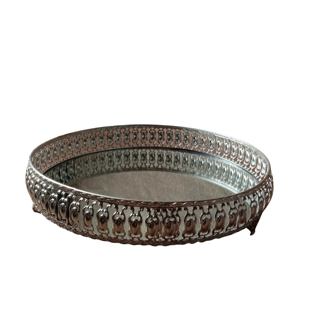 Decorative Silver Filigree Mirrored Tray with Feet