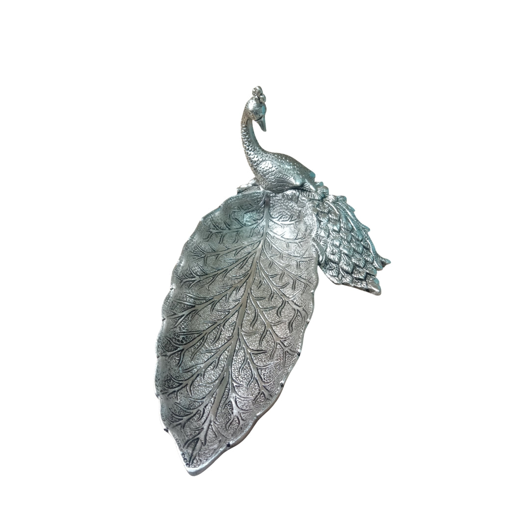 Silver Plated Peacock Design Decorative Tray in Turquoise Velvet Box