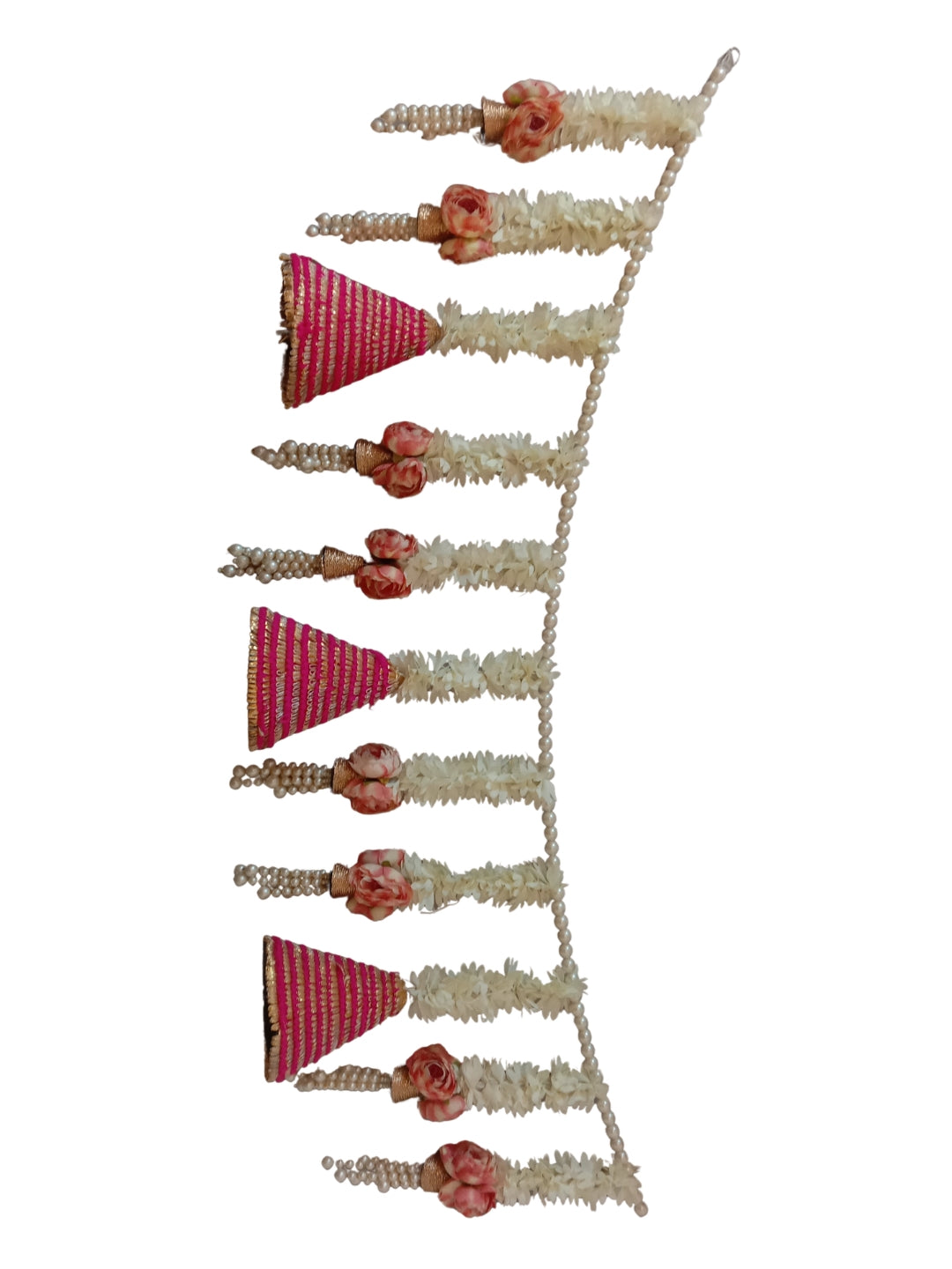Artificial gajra with pink flower and large pink gota cone toran