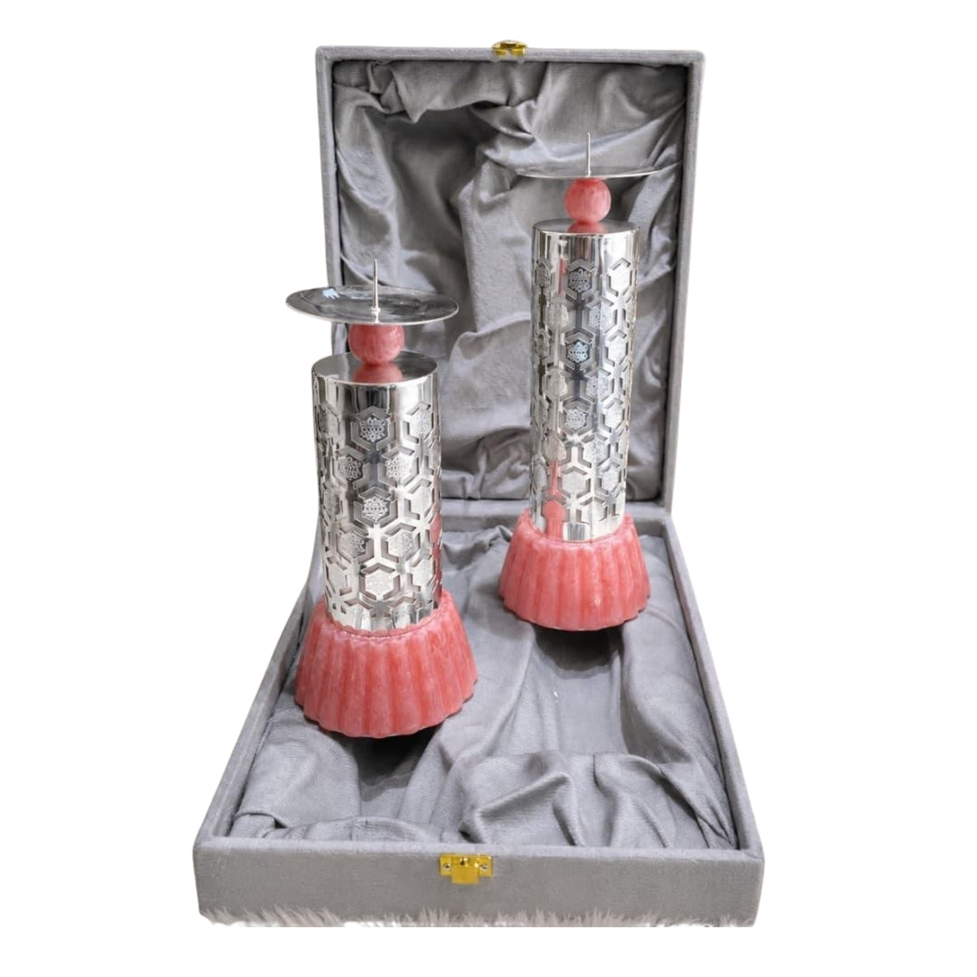 Luxury Silver Plated Pillar Candle Holder Set of 2 in Premium Pink Velvet Box