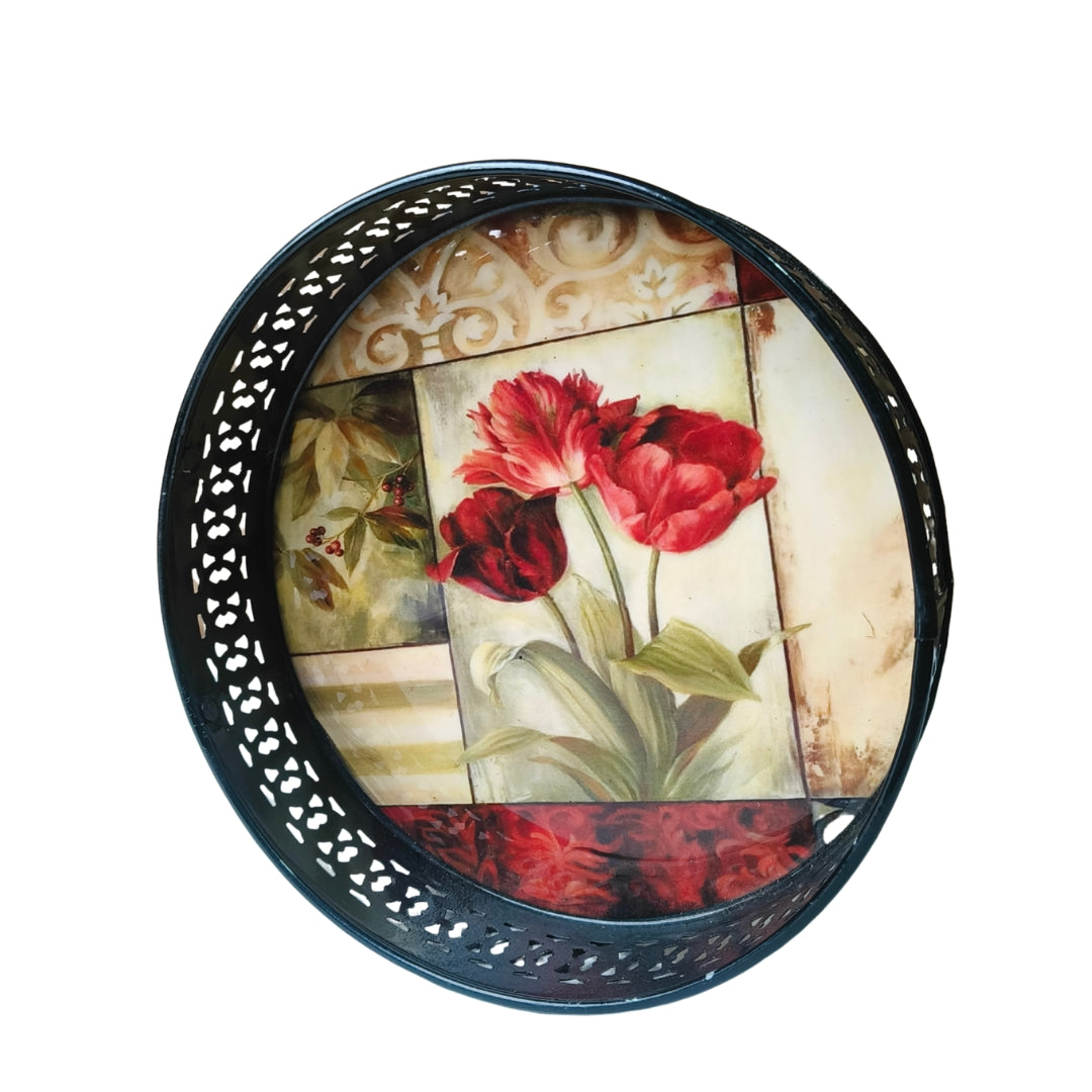 Metal Round Tray - Beige Flower Print Large