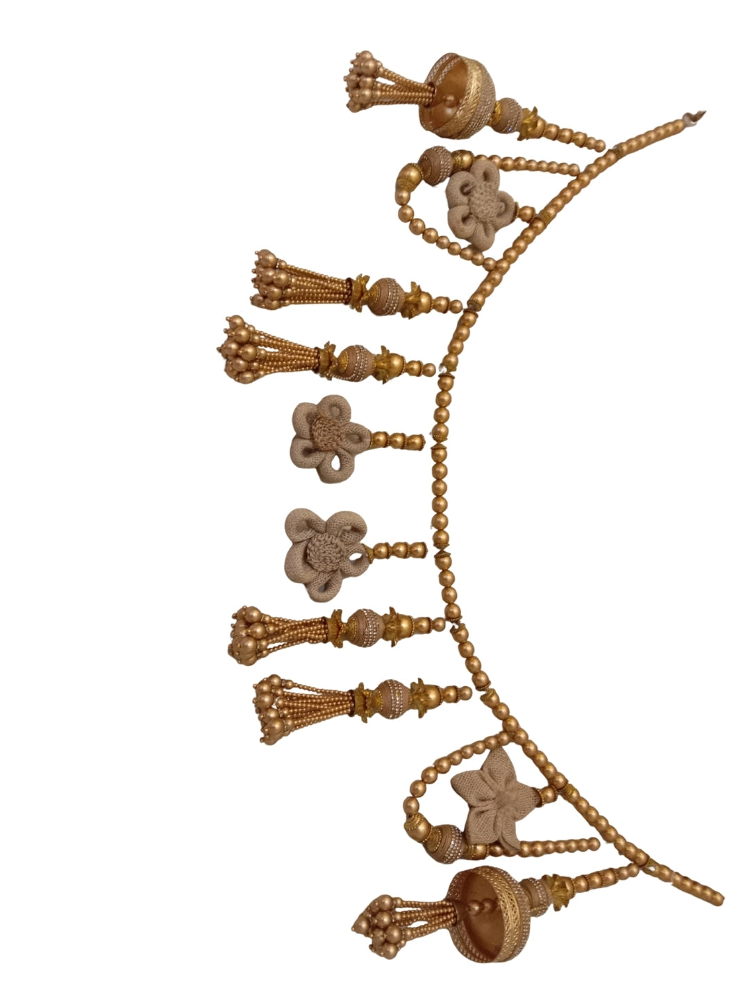 Gold moti with diamonte jhoomar & crochet flowers toran