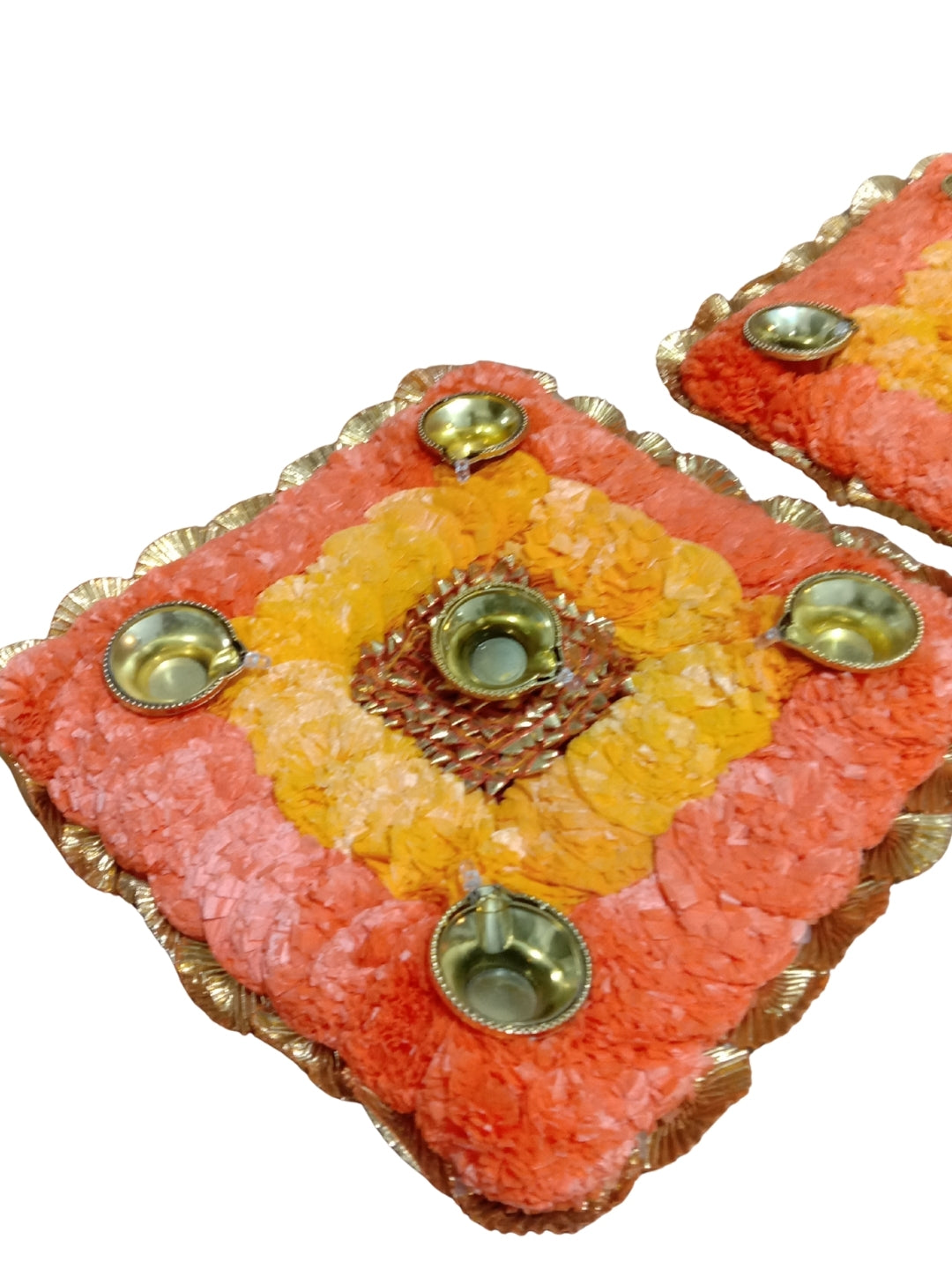 Handmade Square Floral Puja Mat / rangoli Set of 2 with Golden LED Diyas