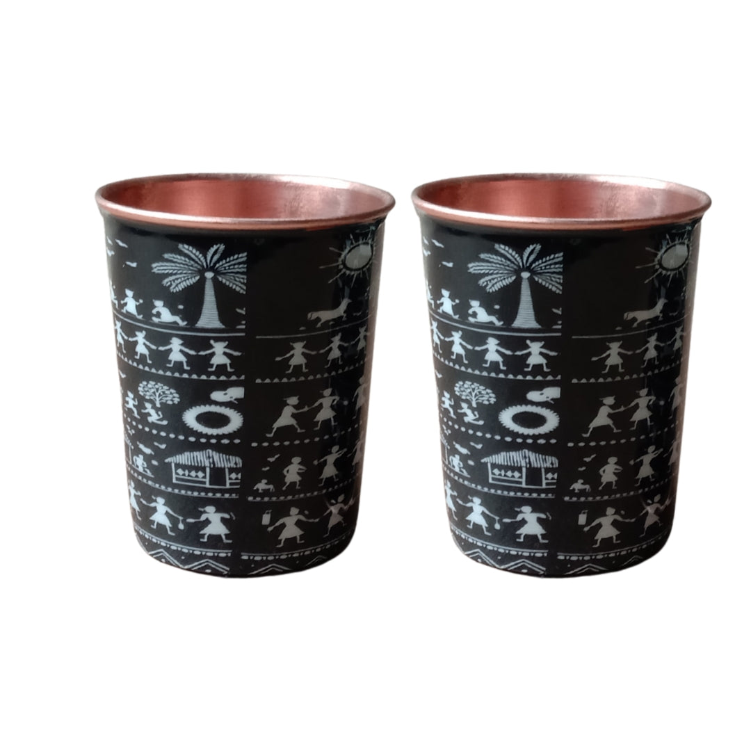 Handcrafted Copper Bottle and 2 Glass Set with Enamel Warli Print