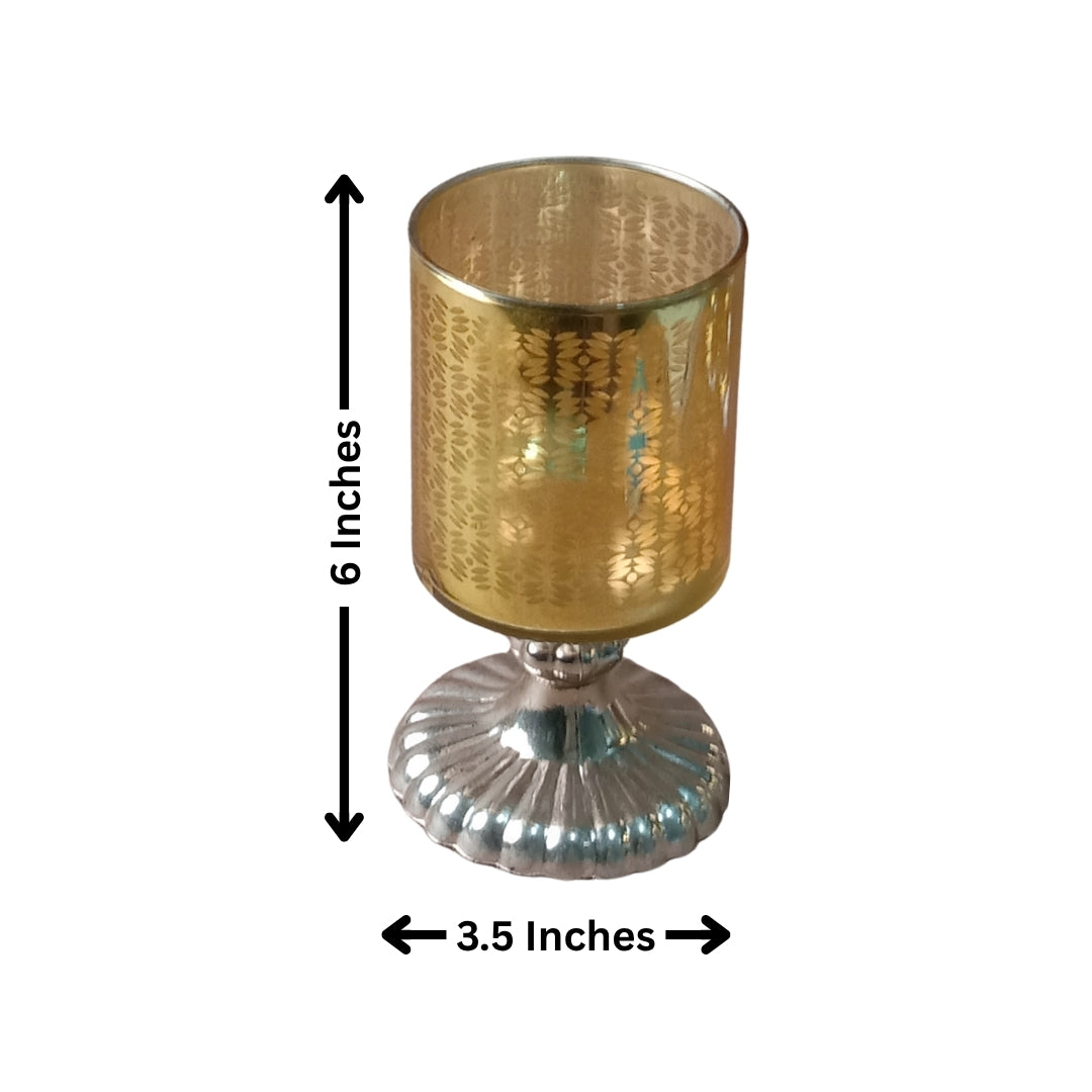Set of 2 Yellow Leaf-Etched Glass Pedestal Tea Light Holders