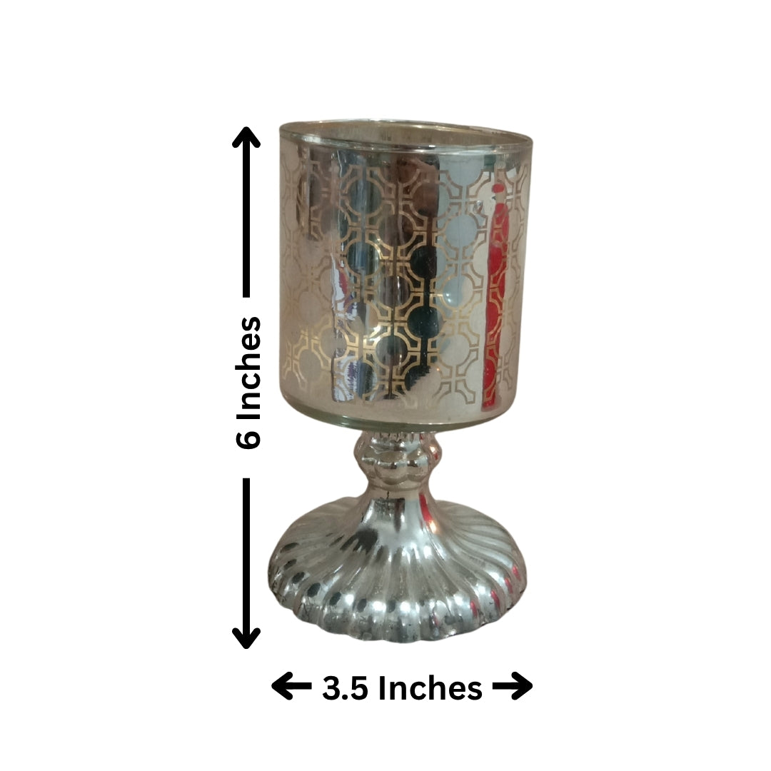 Set of 2 silver Mosaic Etched Glass Pedestal Tea Light Holders