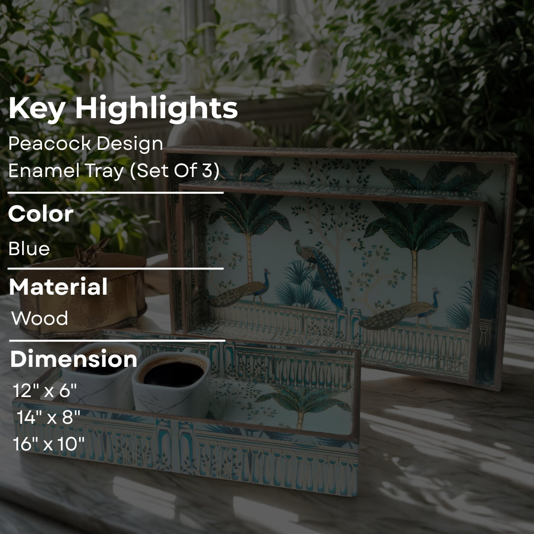 Peacock Design Enamel Tray(Tray Set of 3)