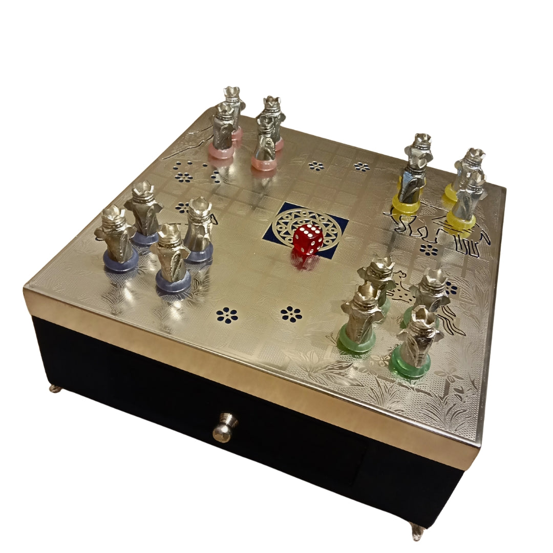 Luxury Silver Plated Ludo Board Game Set with Metal Pawns & Velvet Storage Box
