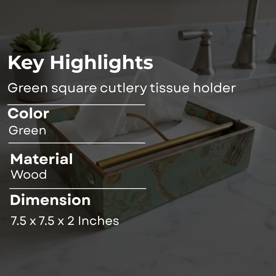 Square tissueholder - Wooden green peacock & bird Design Print & Enamel