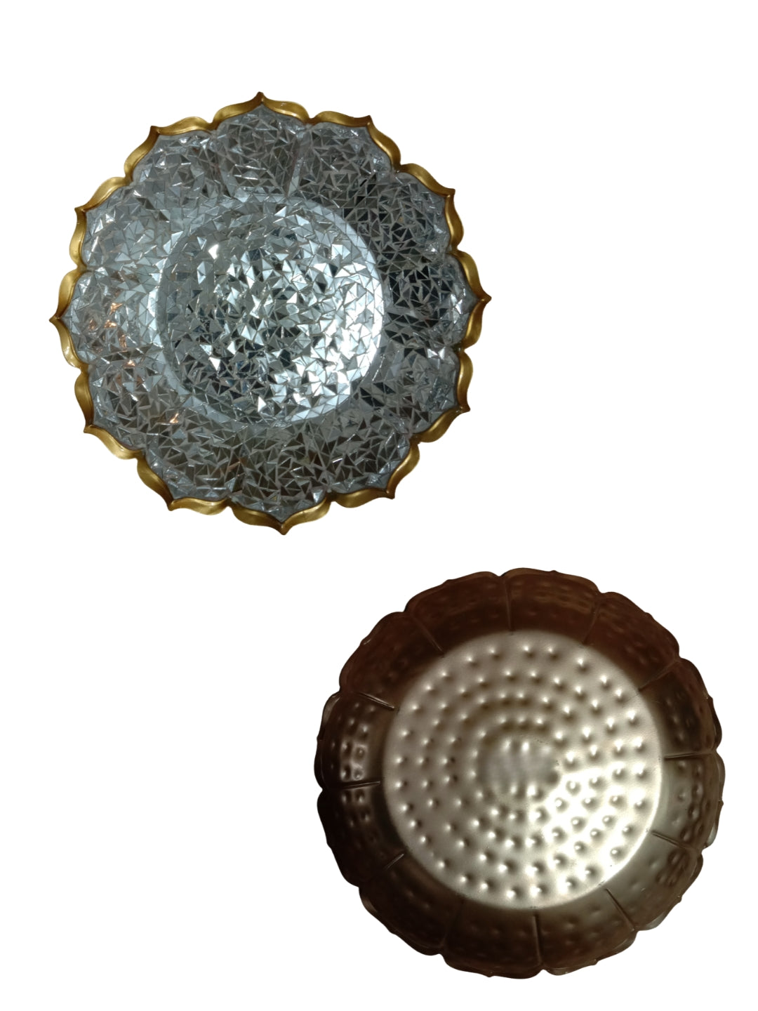 Metal lotus shape mosaic urli platter - silver large 12"