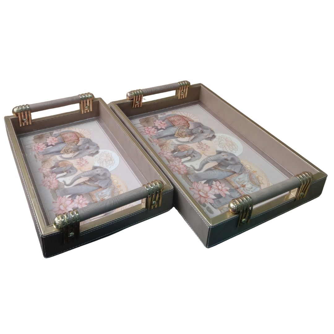 Royal Elephant Leatherette Serving Tray Set of 2 with Tissue & Cutlery Holder
