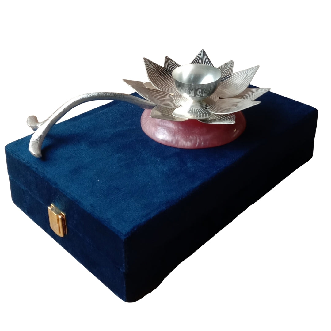 Silver Lotus Diya in Velvet Box