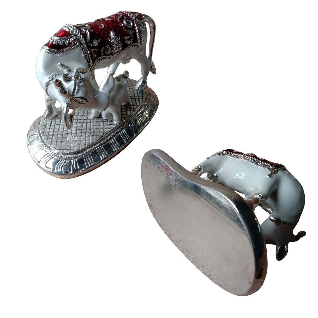 The Home Co. 999 Pure Silver Plated with meena Kamdhenu Cow & Calf Idol with Om Detail (4.5") | Single-Tone Om Showpiece in Premium Velvet Gift Box