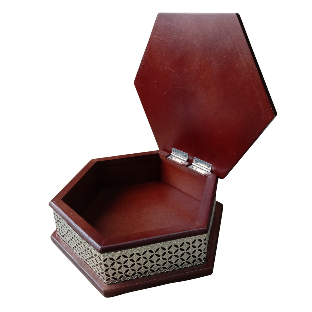 Hexagonal Wooden Silver-Plated Mithai Box