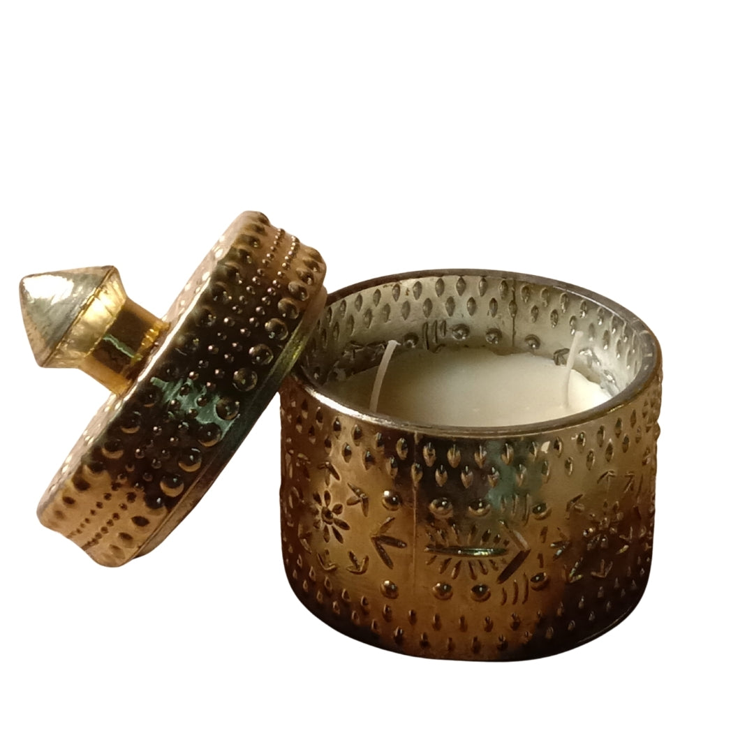 Decorative Gold Embossed Glass Jar with Scented Wax - Elegant Candle Holder
