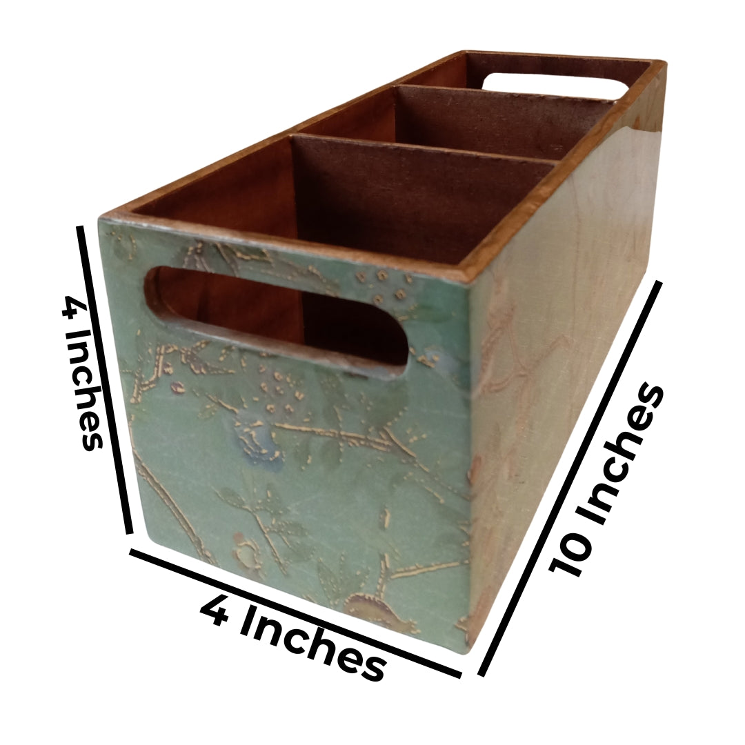 Wooden green peacock & bird print & enamelled 3 Partition Caddy