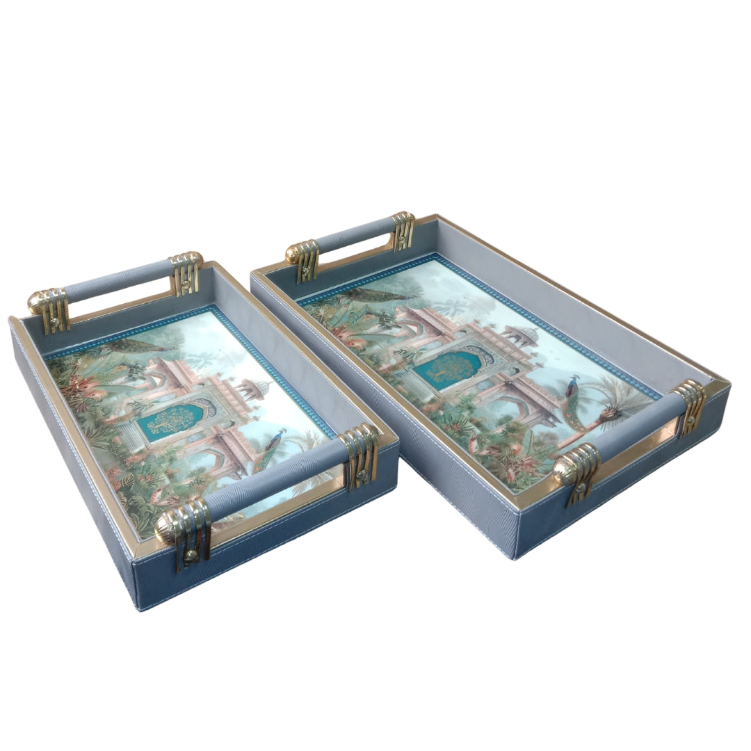 Luxury Peacock Leatherette Serving Tray Set of 2 with Tissue & Cutlery Holder