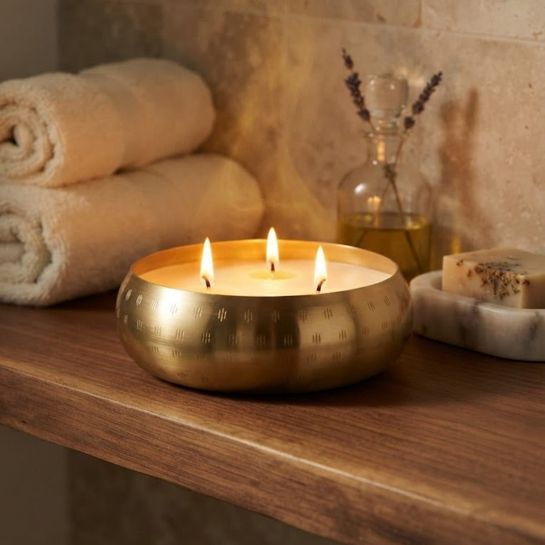 Gold Bowl 3-Wick Scented Candle in Blue Gift Box