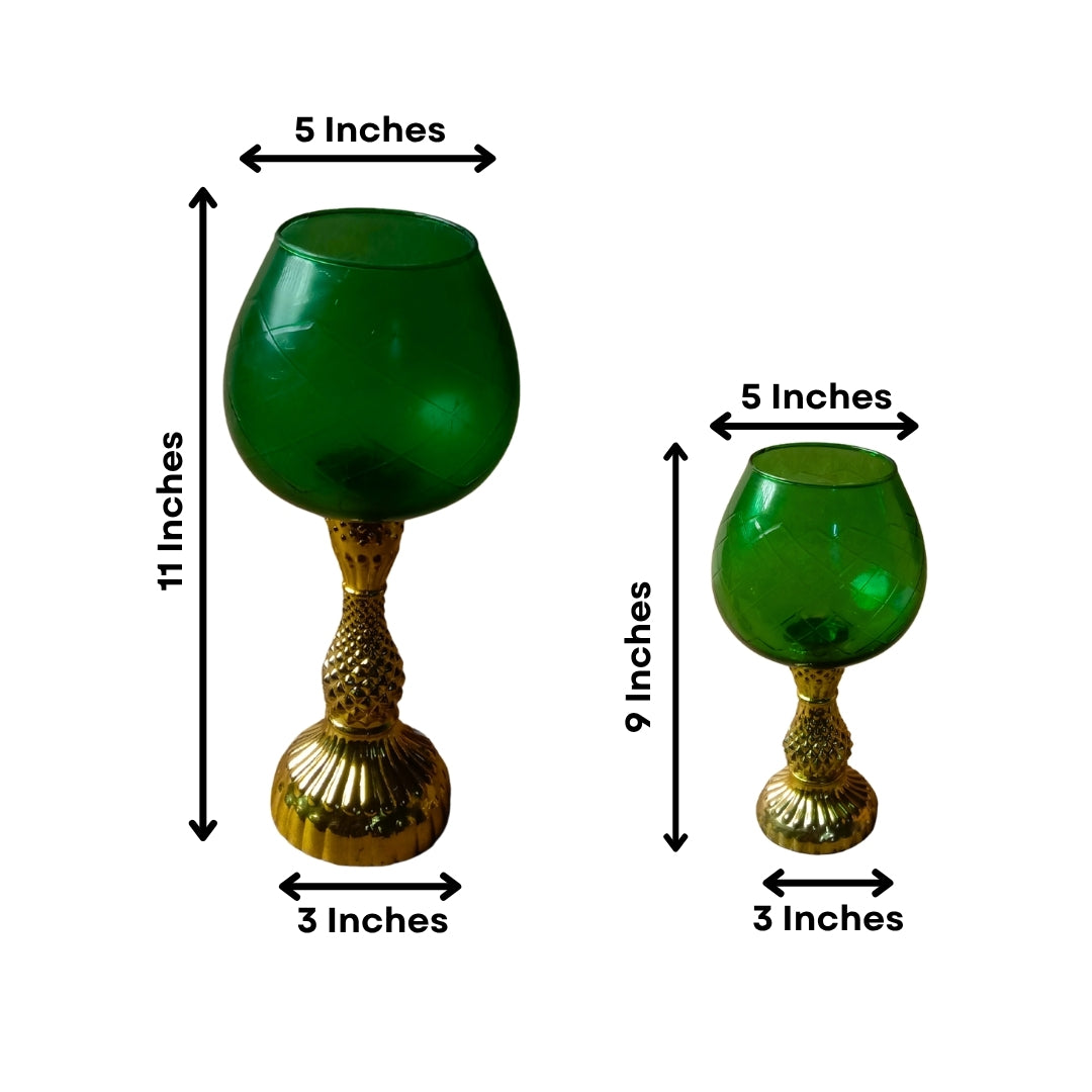 Green Glass Chalice Candle Holders - Elegant Set of 2 (Large & Small)