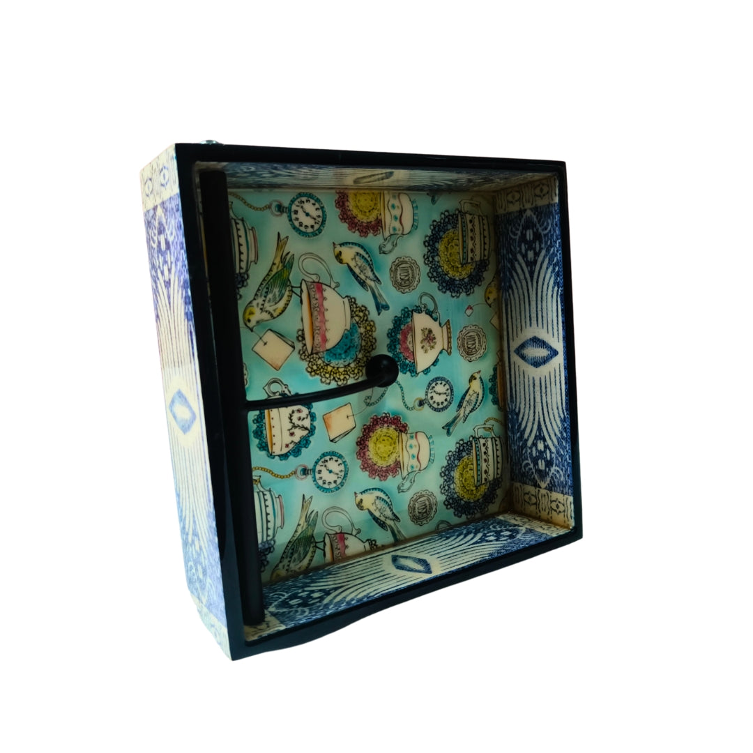 Square tissueholder - Wooden Blue Cup Design Print & Enamel