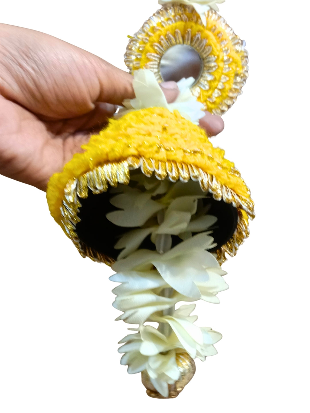 Artificial White gajra with yellow cone and mirror sidehanging set of 2