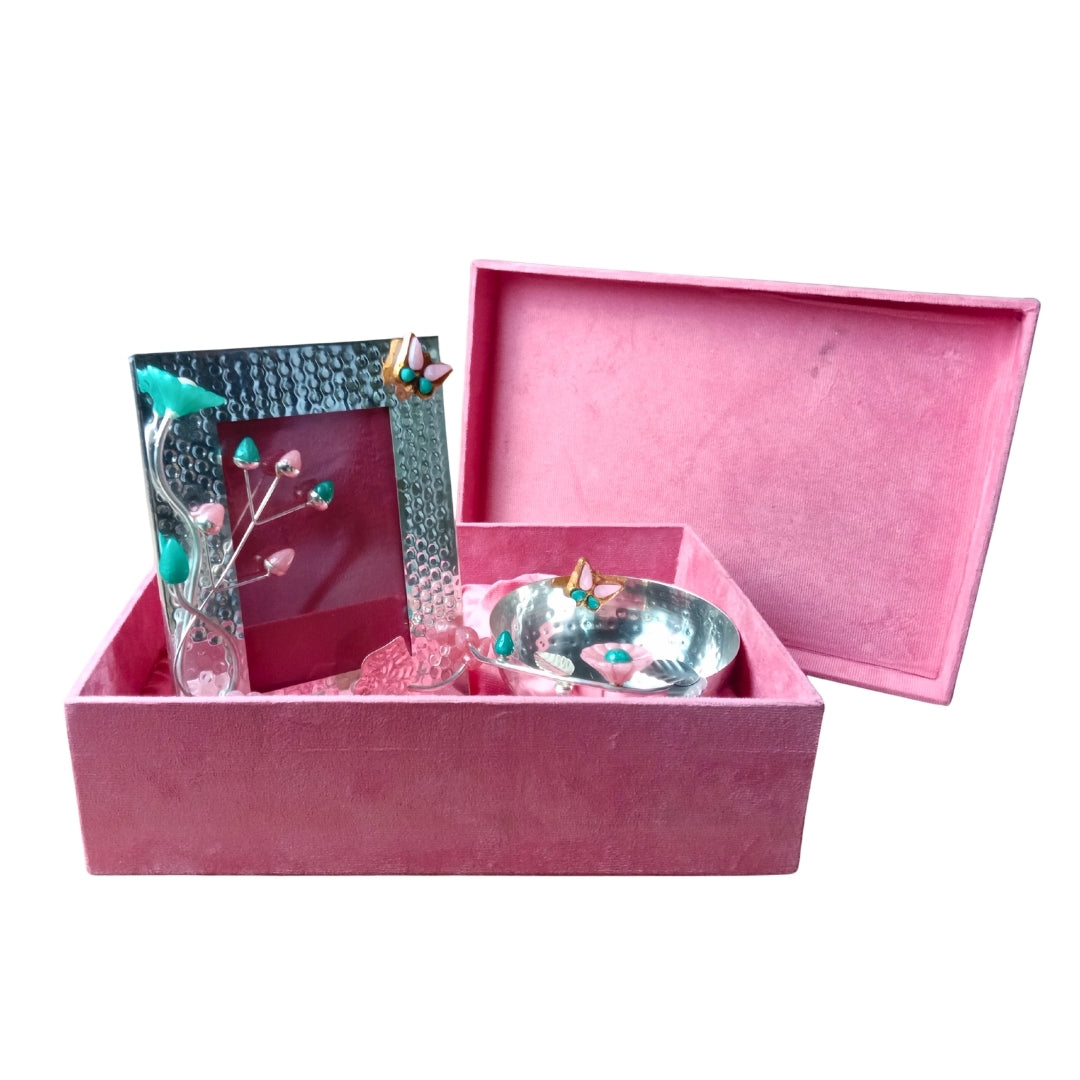 Silver-Plated Photo Frame & Bowl Set with Pink & Green Floral Motifs