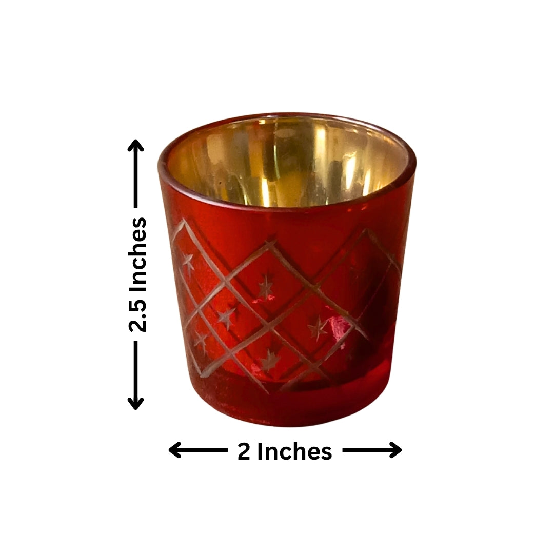 Etched Red Glass Votive Candle Holders - Elegant Set of 2