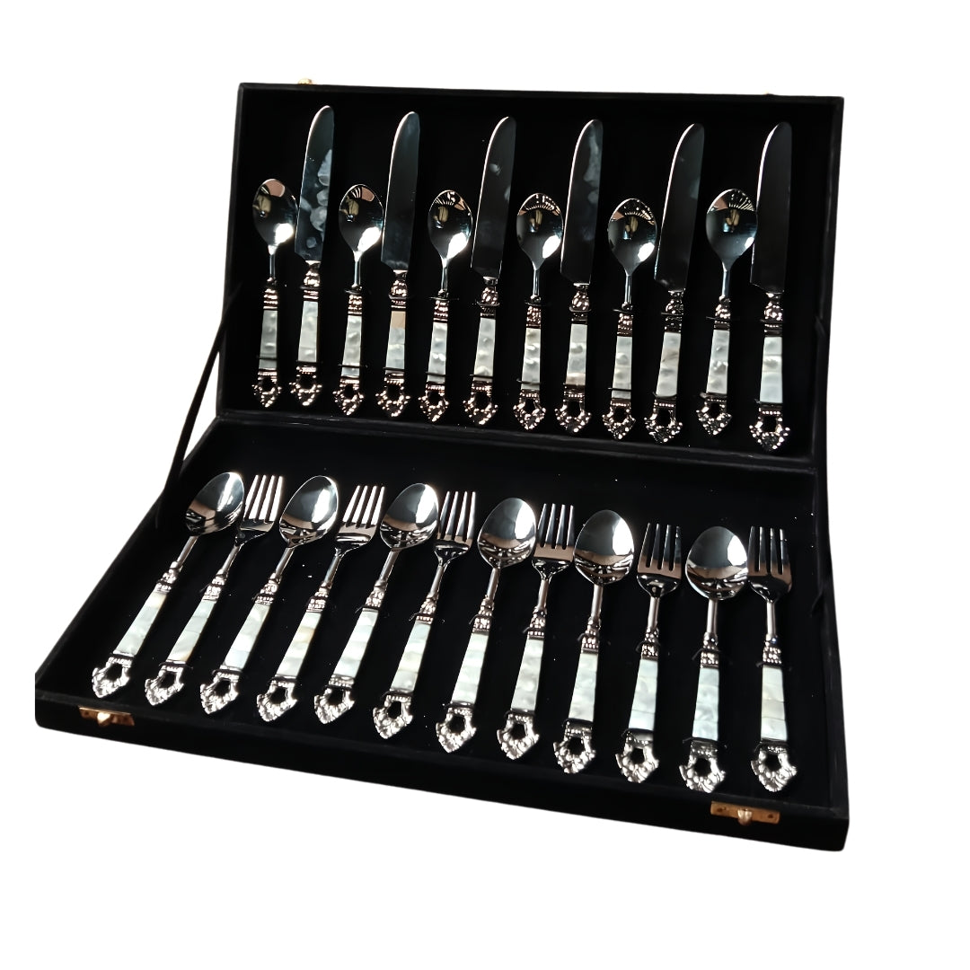24 Pcs Mother of Pearl Stainless Steel Cutlery Set with Velvet Box
