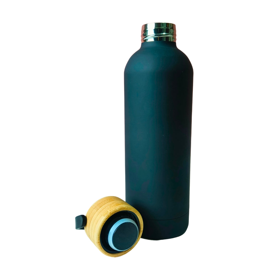 Black Stainless Steel Insulated Bottles With Bamboo Lid And Handles(750ml)