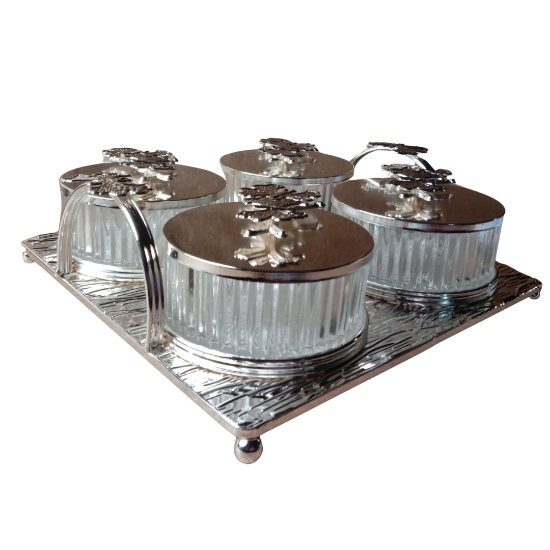 White Metal and Glass 4-Piece Storage Jar Set