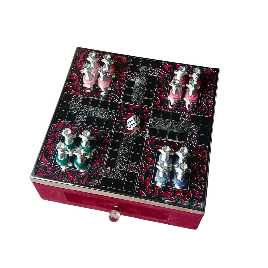 Luxury Silver Plated Ludo Box with Pull-Out Drawer, Metal Pawns & Red Velvet Base